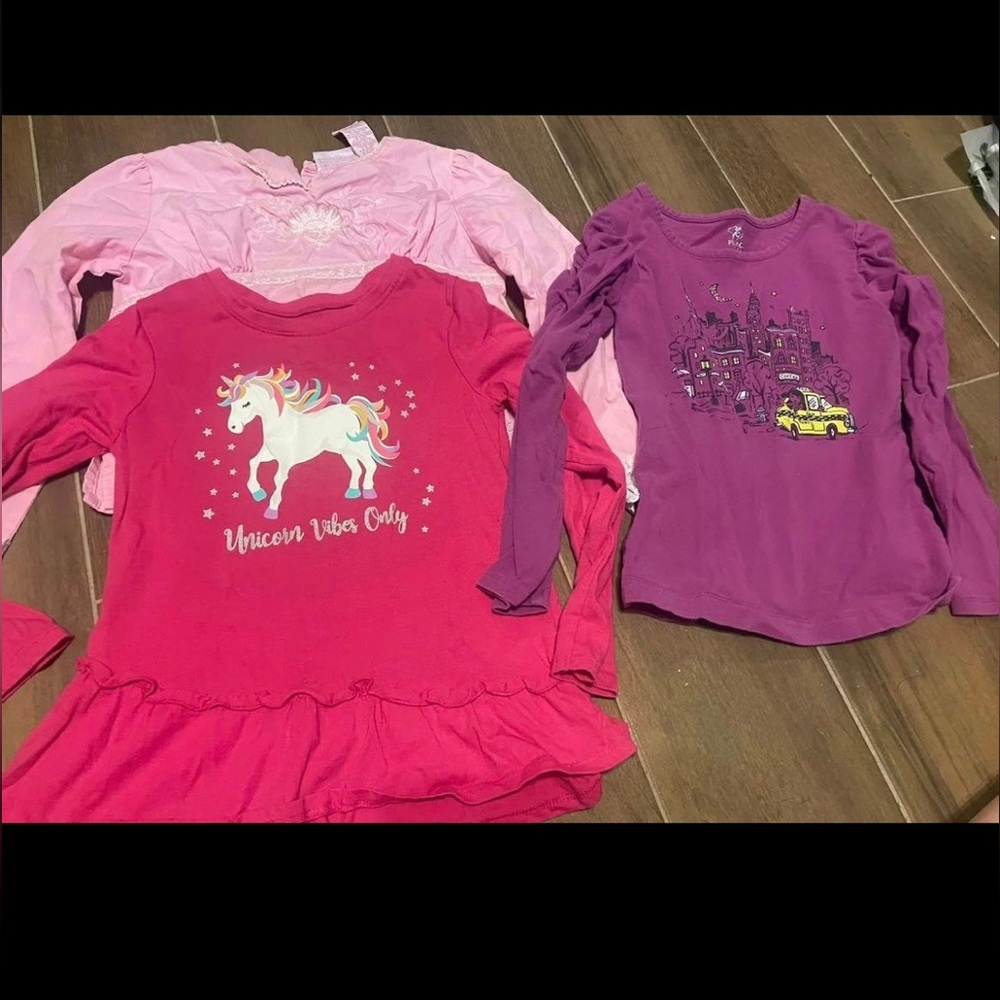 Girls long sleeve tops size 5 Barbie, unicorns back 2 school